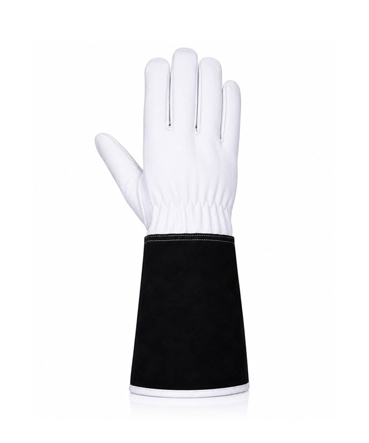 Goat Grain Leather Welding Gloves Black Cuff Back View Back view of premium goat grain leather welding gloves with black protective welding cuff