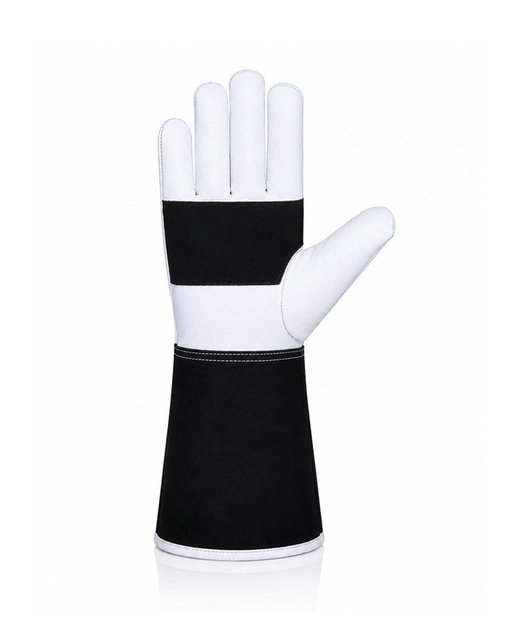 Goat Grain Leather Welding Gloves Black Cuff Front View Front view of premium goat grain leather welding gloves with black protective welding cuff