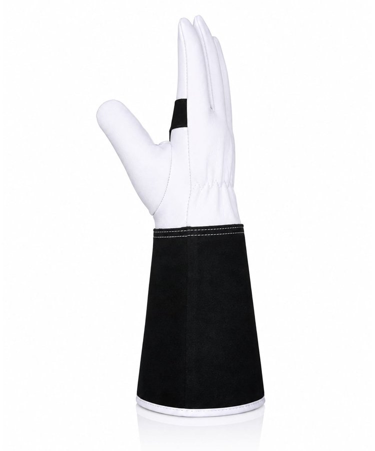 Goat Grain Leather Welding Gloves Black Cuff Side View Side view of premium goat grain leather welding gloves with black split leather welding cuff