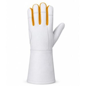 Back view of goat grain leather welding gloves with extended protective cuff