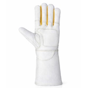 Front view of goat grain leather welding gloves with reinforced palm and extended protective cuff