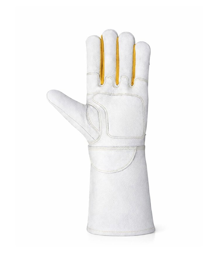 Goat Grain Leather Welding Gloves Long Cuff Front View Front view of goat grain leather welding gloves with reinforced palm and extended protective cuff