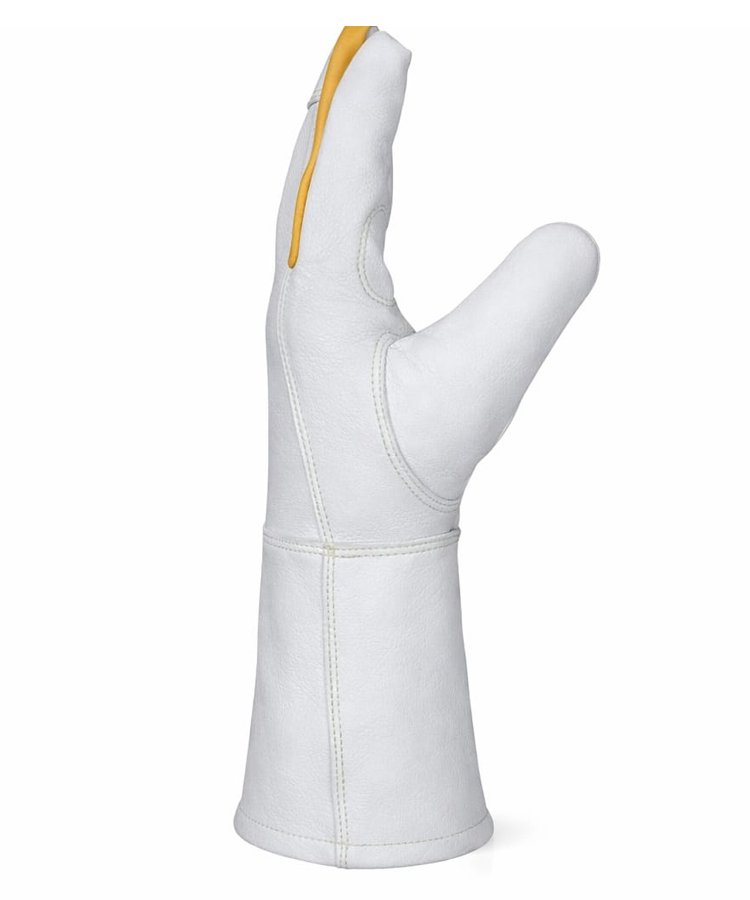 Goat Grain Leather Welding Gloves Long Cuff Side View Side view goat grain leather welding gloves with extended protective safety cuff