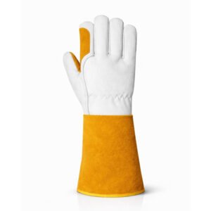 Back view of goat grain leather welding gloves with reinforced thumb protection and extended split leather cuff