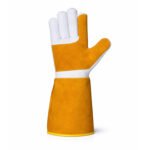 Front view of goat grain leather welding gloves with reinforced palm and extended split leather cuff