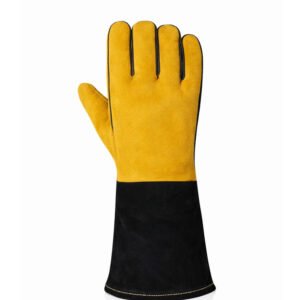 Heavy duty split leather welding gloves with black extended cuff back view