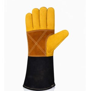 Heavy duty split leather welding gloves with reinforced palm and black extended cuff front view
