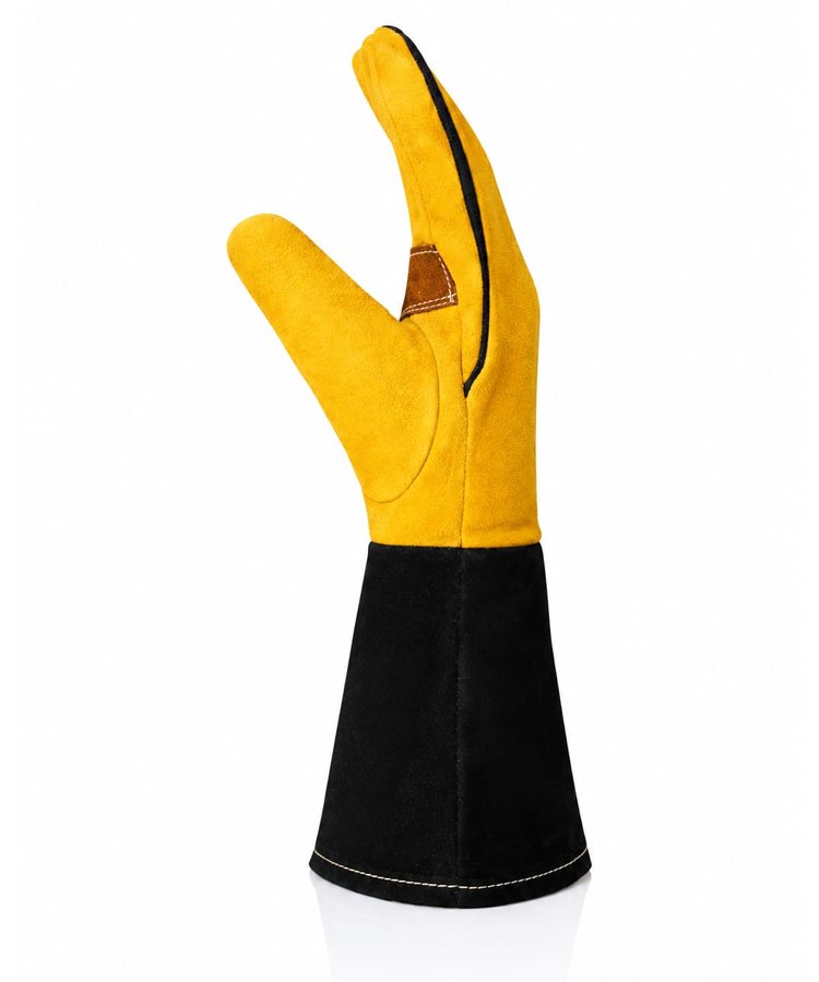 Heavy Duty Split Leather Welding Gloves Black Cuff Side View Heavy duty split leather welding gloves with reinforced palm and black extended cuff side view