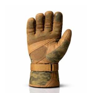 Heavy Duty Tactical Combat Gloves front view with reinforced palm construction, abrasion-resistant synthetic leather, tactical camouflage panels, and adjustable wrist closure