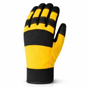 Performance Mechanical Work Gloves back view featuring breathable stretch fabric, high visibility yellow panels, ergonomic design, and extended safety cuff for industrial handling applications.