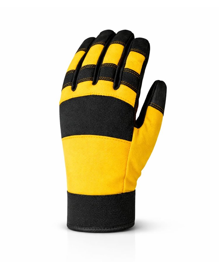 Performance Mechanical Work Gloves Back View Performance Mechanical Work Gloves back view featuring breathable stretch fabric, high visibility yellow panels, ergonomic design, and extended safety cuff for industrial handling applications.