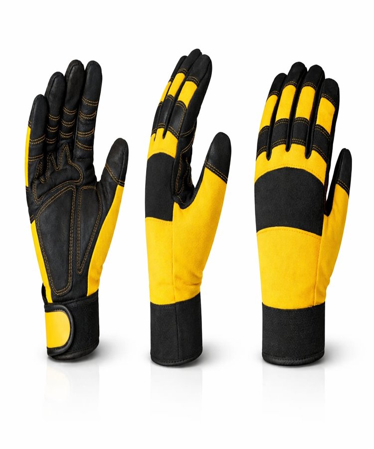 Performance Mechanical Work Gloves Multi View Performance Mechanical Work Gloves multi view showing front, side and back perspectives with synthetic leather palm, breathable fabric back and ergonomic industrial design.