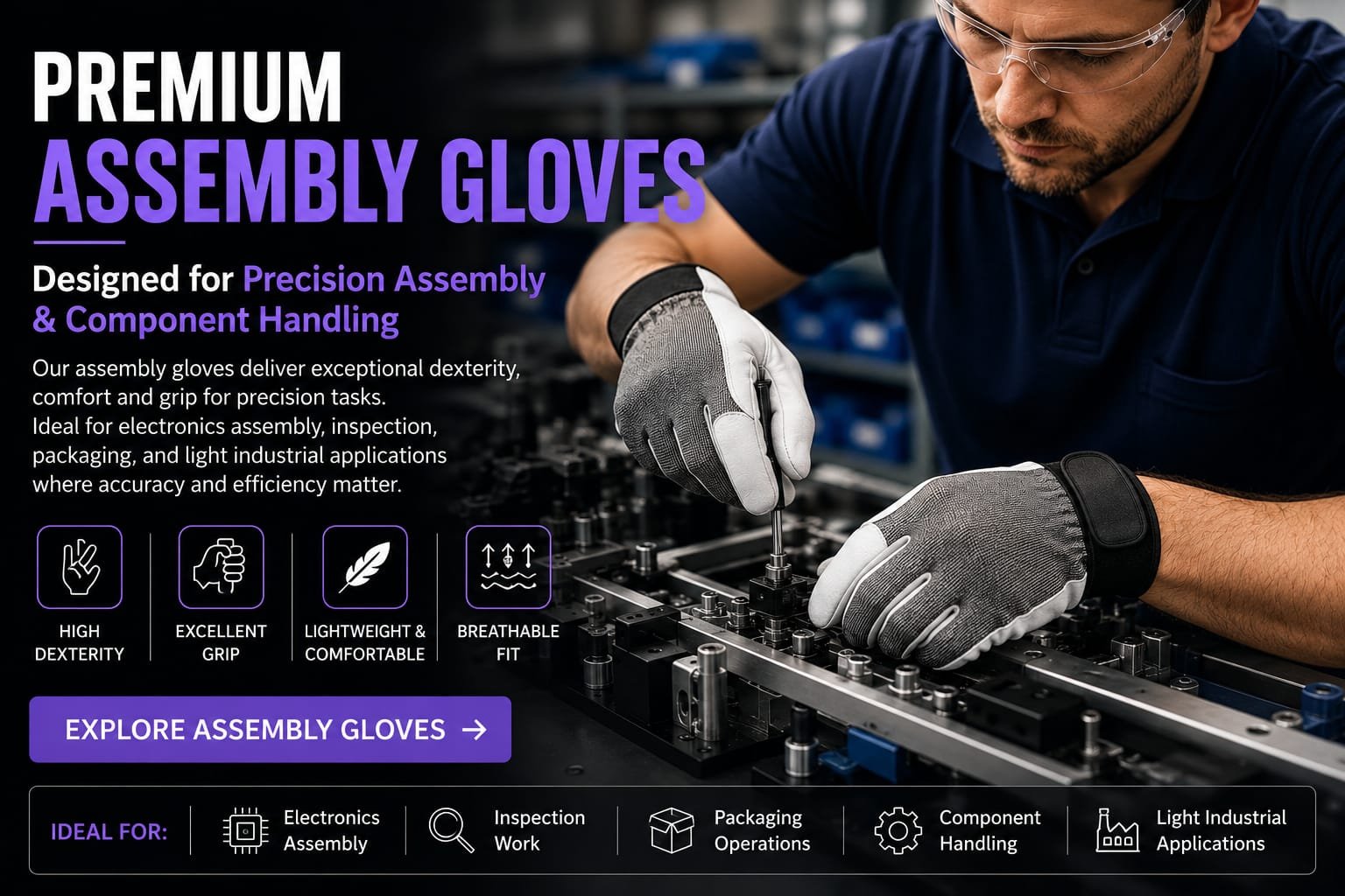 Premium assembly leather work gloves for industrial assembly, mechanical handling and warehouse operations manufactured by Samar & Sons.
