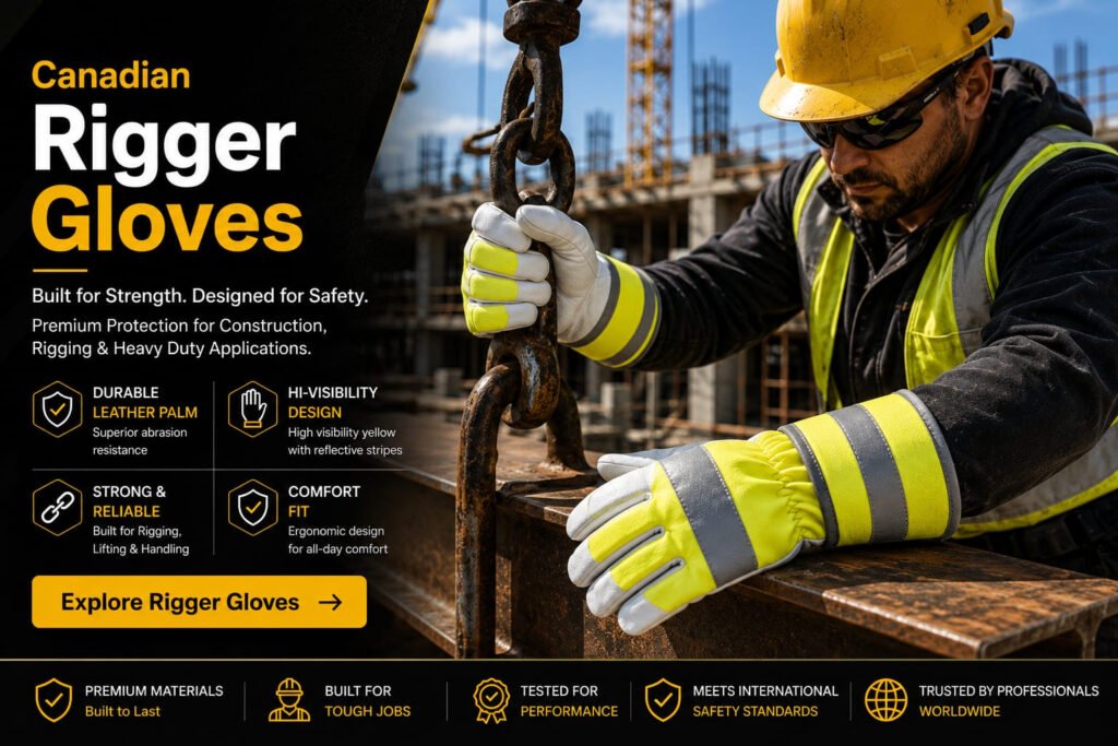 Premium Canadian rigger leather gloves for construction, material handling, logistics and industrial applications manufactured by Samar & Sons.