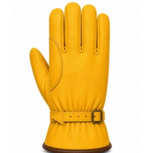 Premium deerskin driver gloves with adjustable buckle strap back view showing elastic wrist and secure closure system