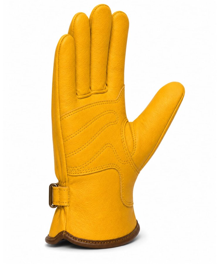 Premium Deerskin Driver Gloves Side View Premium deerskin driver gloves with adjustable buckle strap side view showing ergonomic thumb design and leather construction