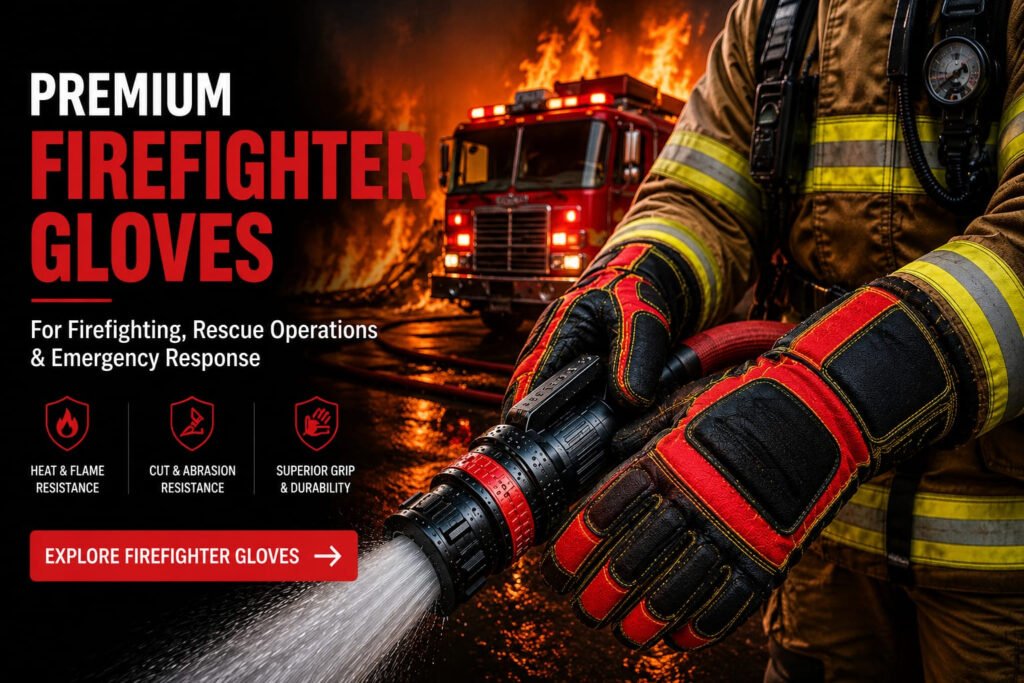 Premium firefighter gloves for firefighting, rescue operations, emergency response and heat protection manufactured by Samar & Sons.