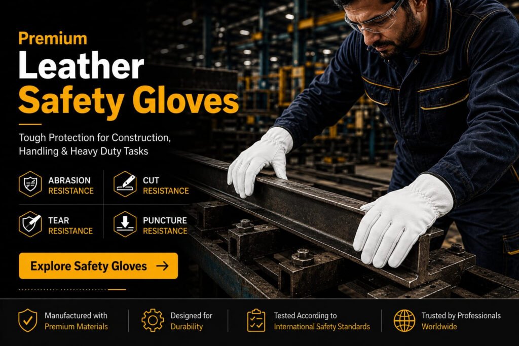 Premium leather safety gloves for industrial work, construction, material handling and general-purpose applications manufactured by Samar & Sons.