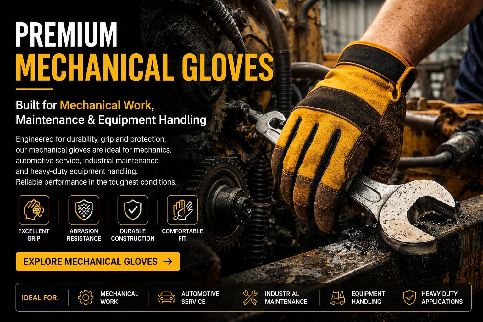 Premium mechanical gloves designed for industrial maintenance, mechanical work, assembly and equipment handling manufactured by Samar & Sons.