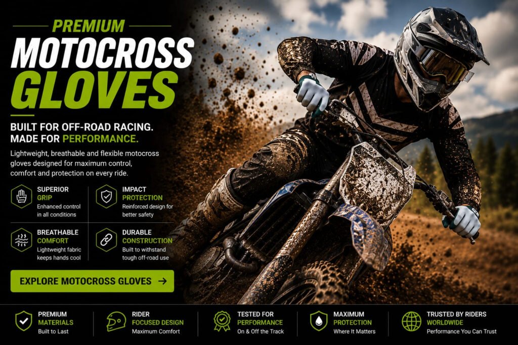 Premium motocross gloves designed for off-road riding, dirt bike racing and enduro performance manufactured by Samar & Sons.