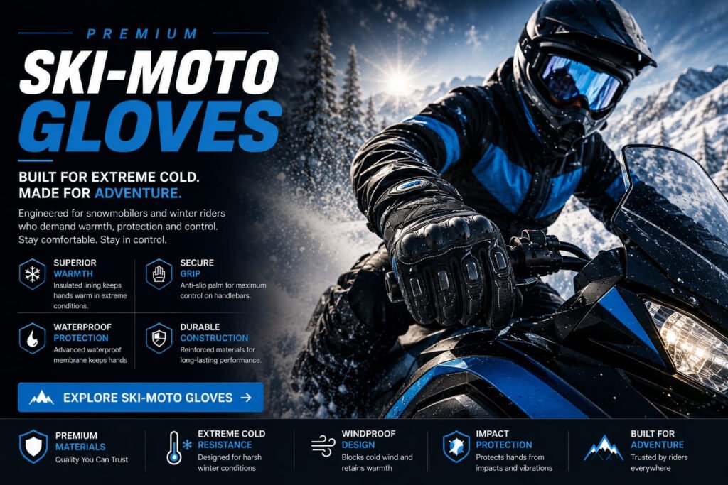 Premium ski moto gloves designed for snowmobile riding, winter motorsports and cold weather protection manufactured by Samar & Sons.