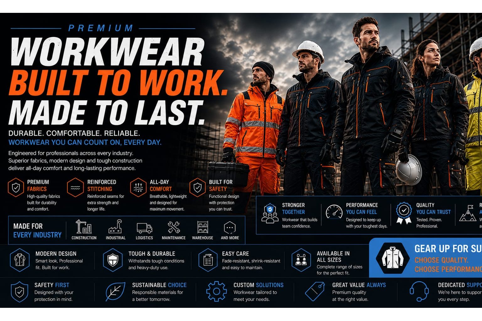Premium industrial workwear banner featuring professional safety clothing for construction, logistics, warehouse and manufacturing industries.