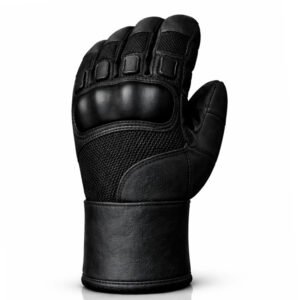 Professional tactical duty gloves back view with hard-shell knuckle protection and reinforced finger guards.