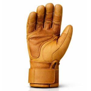 Tan tactical patrol glove front view with reinforced synthetic leather palm, ergonomic grip design, and adjustable wrist closure.