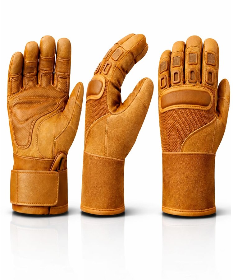 Professional Tactical Patrol Gloves Multi View Multi-view tan tactical patrol gloves showing front, side, and back profiles with reinforced palm, knuckle protection, finger guards, breathable mesh panels, and extended cuff.