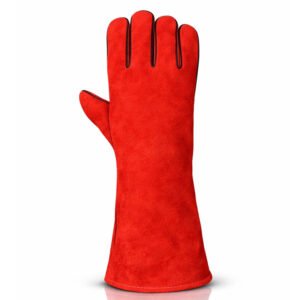 Red split leather welding gloves back view with extended welding cuff and full finger protection