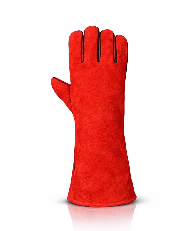 Red Split Leather Welding Gloves Back View Red split leather welding gloves back view with extended welding cuff and full finger protection