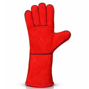 Red split leather welding gloves front view with reinforced palm protection and extended welding cuff