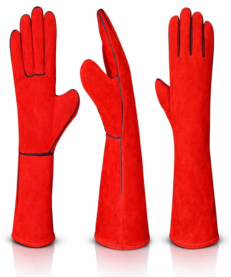 Red Split Leather Welding Gloves Multi View Red split leather welding gloves multi view showing front side and back view with extended welding cuff