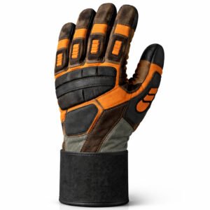 Reinforced mechanical safety gloves back view with impact protection panels and ergonomic industrial work glove design