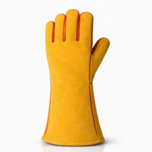 Back view of reinforced palm split leather welding gloves with extended gauntlet cuff