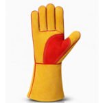 Front view of reinforced palm split leather welding gloves with reinforced thumb protection