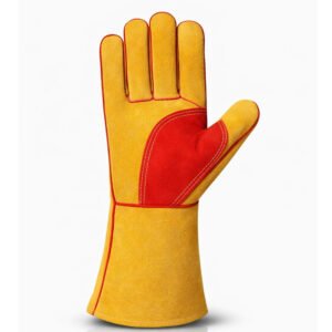 Front view of reinforced palm split leather welding gloves with reinforced thumb protection