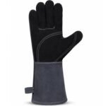 Front View Reinforced Palm Split Leather Welding Gloves with Grey Gauntlet Cuff