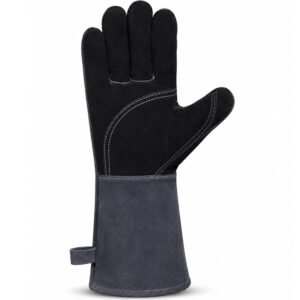 Front View Reinforced Palm Split Leather Welding Gloves with Grey Gauntlet Cuff