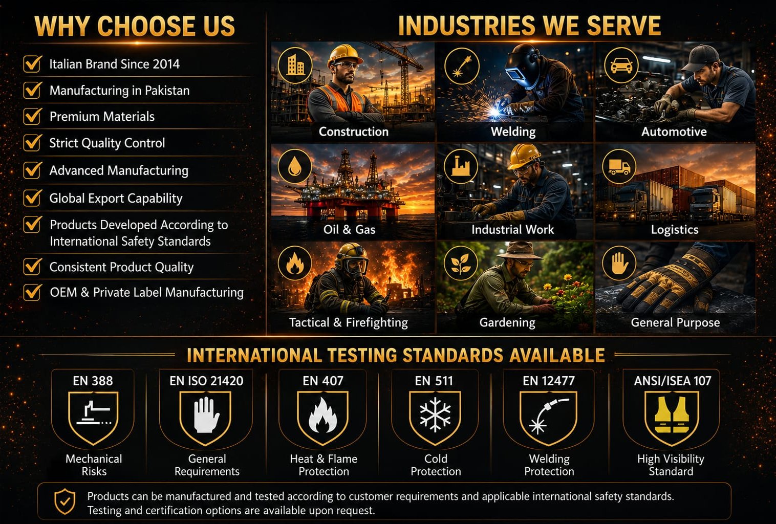 Premium safety gloves manufacturer offering welding gloves, tactical gloves, firefighter gloves, assembly gloves, mechanical gloves, OEM manufacturing and private label solutions.