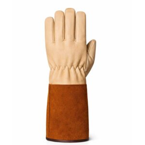 Back view of sheep grain leather welding gloves with split leather sleeve and extended forearm protection