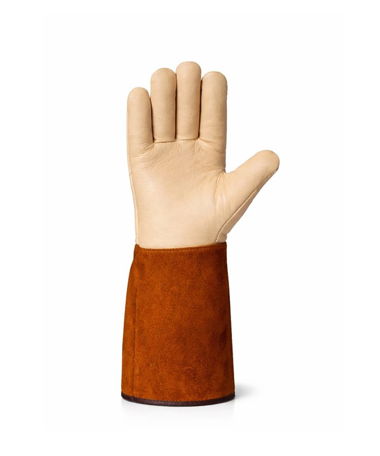 Sheep Grain Leather Welding Gloves Split Leather Sleeve Front View Front view of sheep grain leather welding gloves with reinforced palm protection and split leather sleeve