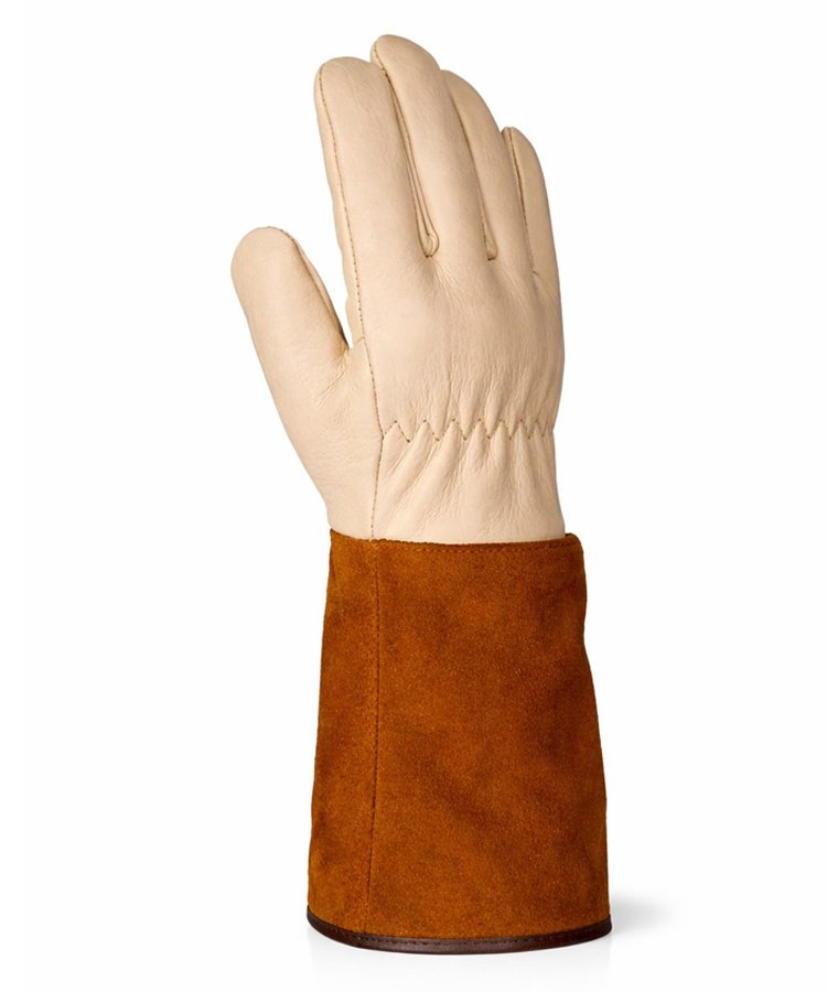 Sheep Grain Leather Welding Gloves Split Leather Sleeve Side View Side view of sheep grain leather welding gloves with reinforced palm protection and split leather sleeve