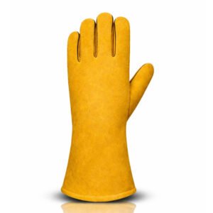 Back view of black reinforced palm split leather welding gloves with extended gauntlet cuff