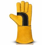 Front view of black reinforced palm split leather welding gloves with extended gauntlet cuff