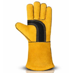 Front view of black reinforced palm split leather welding gloves with extended gauntlet cuff