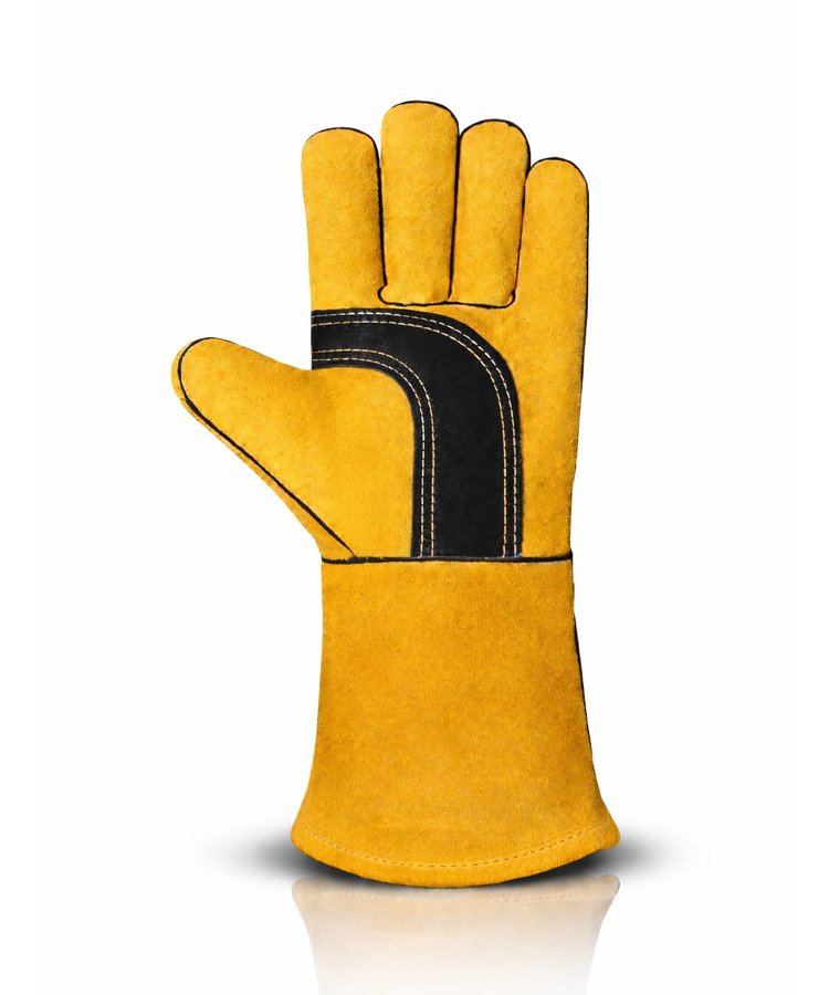 Black Reinforced Palm Split Leather Welding Gloves Front View Front view of black reinforced palm split leather welding gloves with extended gauntlet cuff