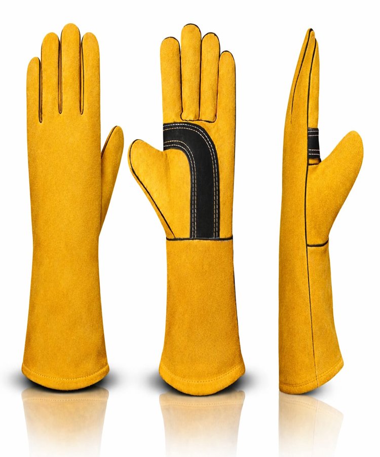 Black Reinforced Palm Split Leather Welding Gloves Multi View Multi view of black reinforced palm split leather welding gloves with extended gauntlet cuff