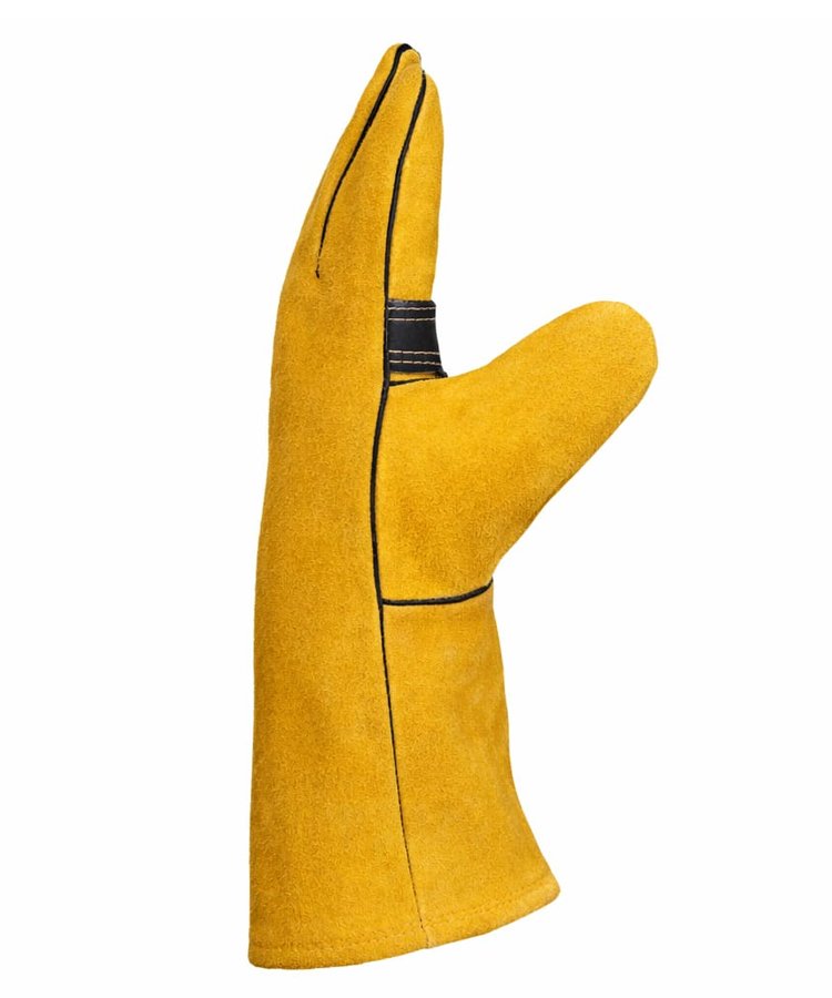 Black Reinforced Palm Split Leather Welding Gloves Side Vie Side view of black reinforced palm split leather welding gloves with extended gauntlet cuff