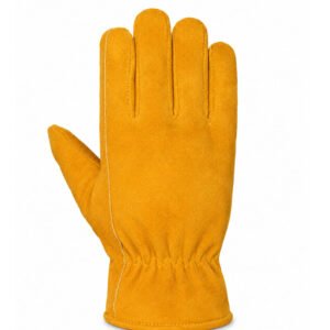 Back view of yellow dyed cowhide split leather winter driver gloves with fur fleece lining